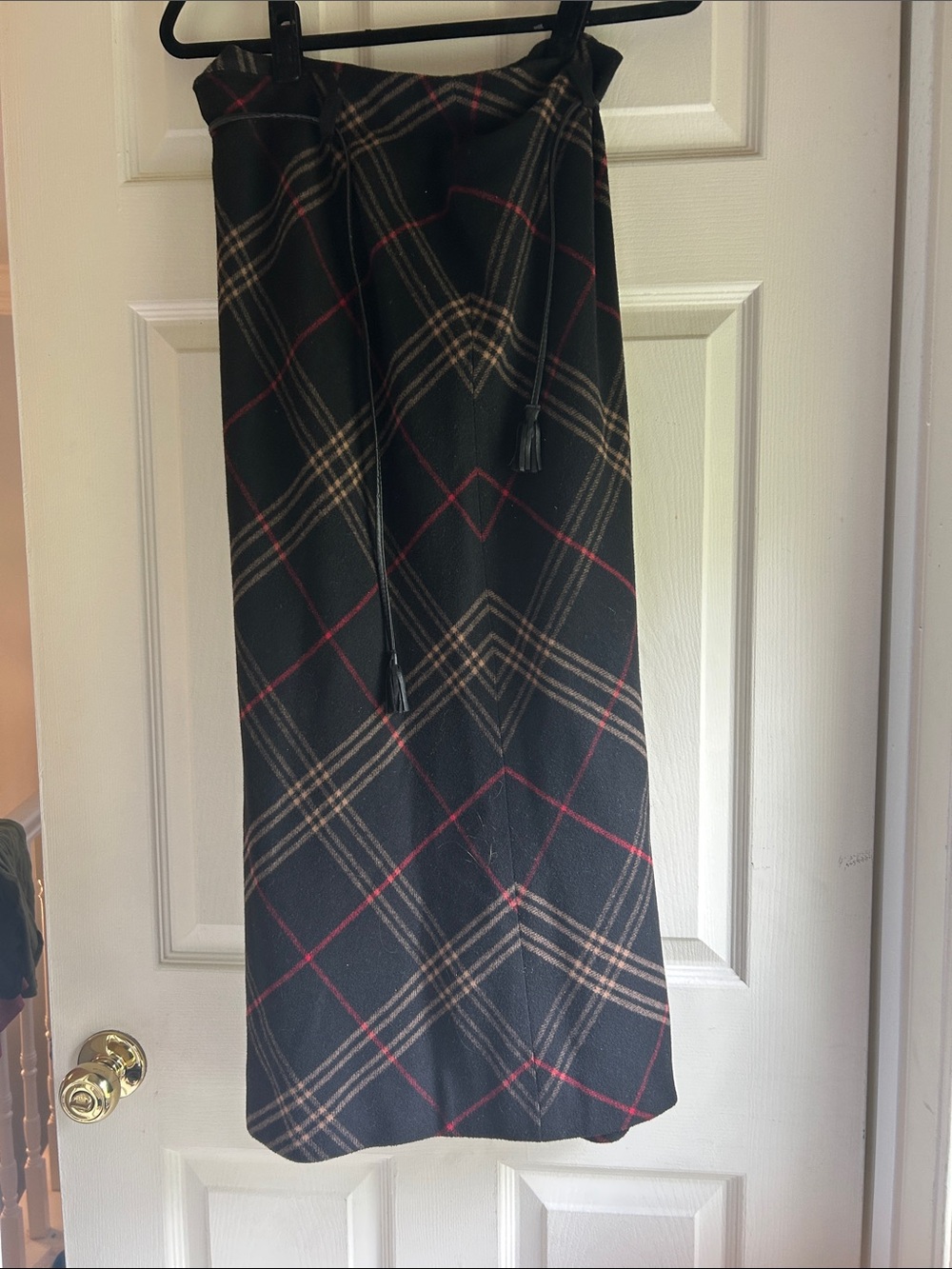 Plaid Midi Skirt with Drawstring Waist in Black